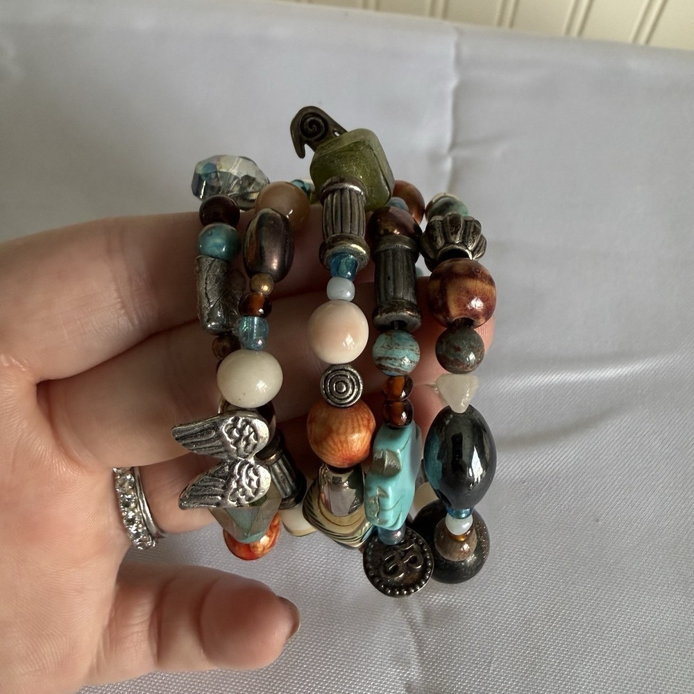 Wrap Around Beaded Bracelet Turquoise Amber Silver Horse Wings Glass Beads